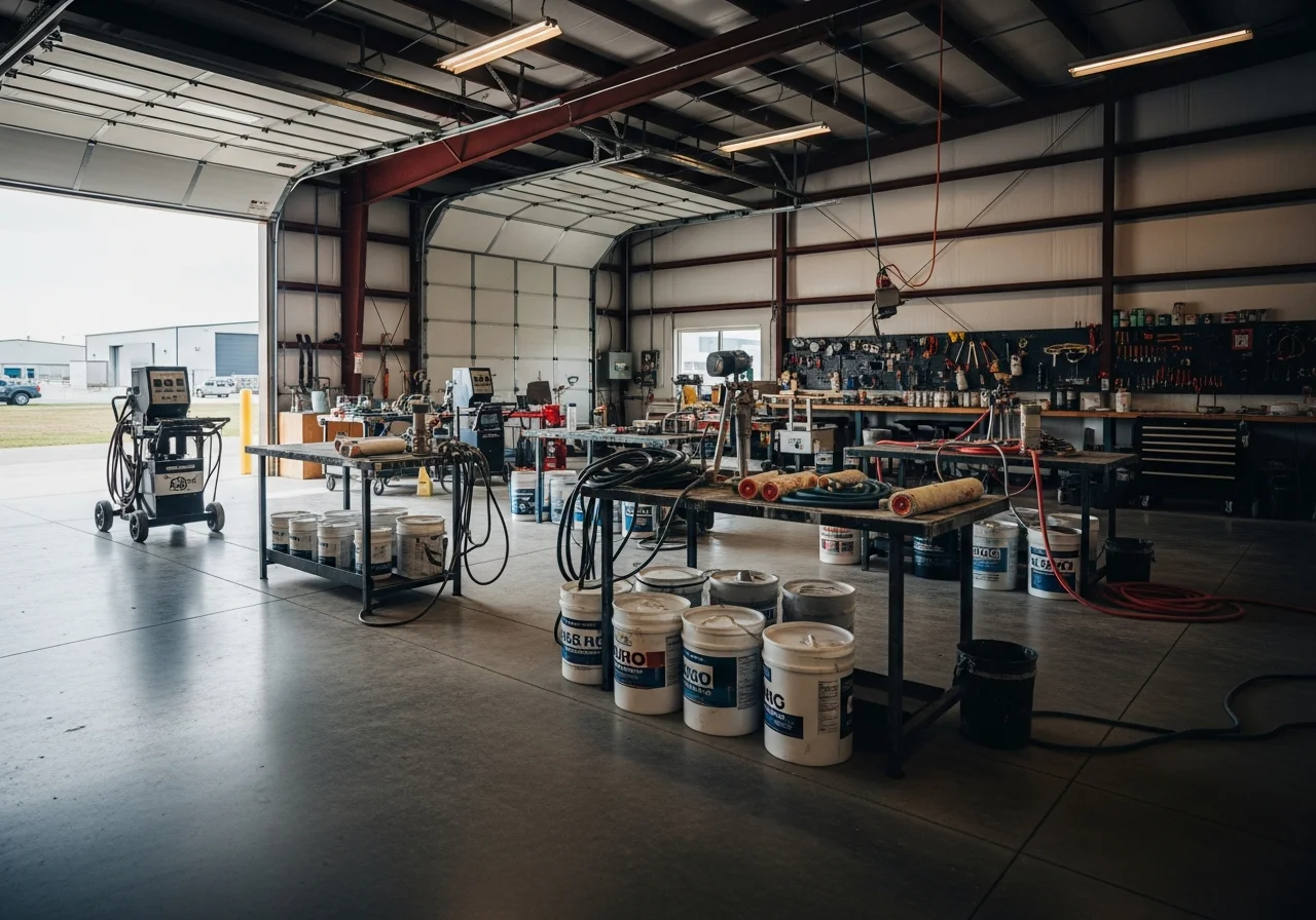 Concrete coating equipment and flooring materials displayed in a professional shop setting.