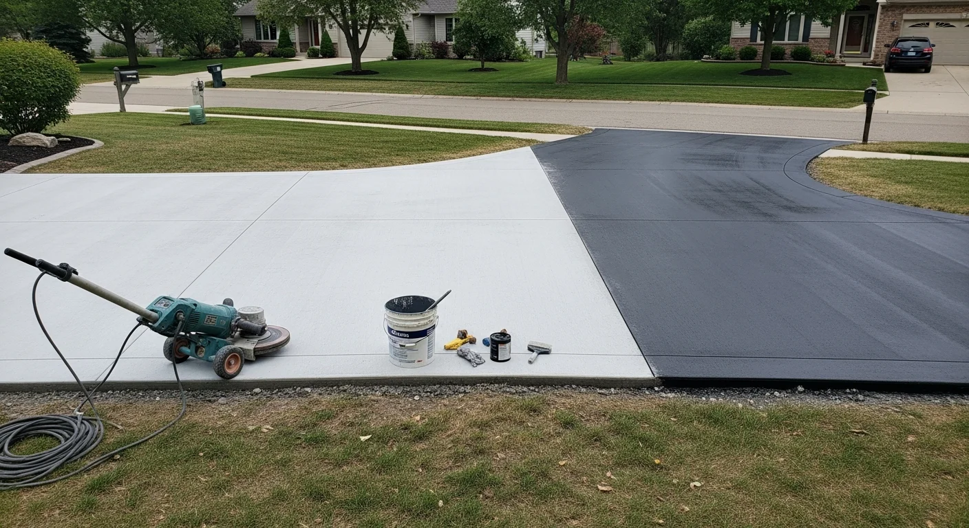Professional concrete coating application on residential garage floor