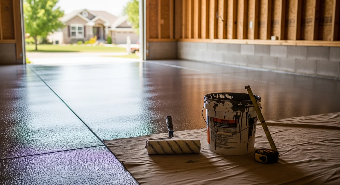Finished epoxy garage floor with metallic resin design