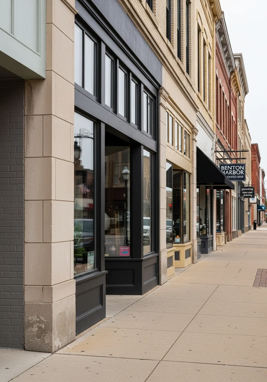Benton Harbor downtown or neighborhood street with historic buildings and community character.