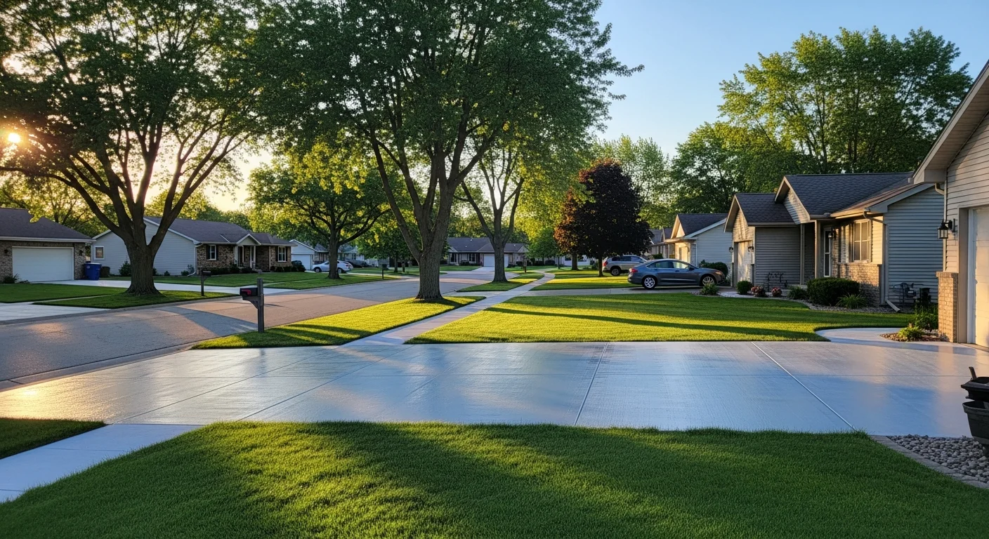 Residential street in Portage with tree-lined homes and well-maintained yards under clear sky.