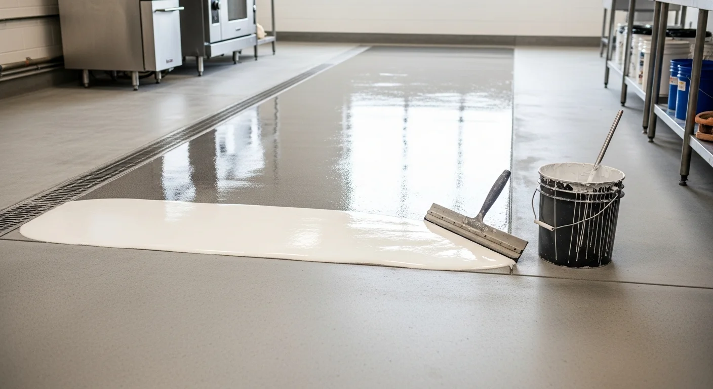 Freshly coated commercial kitchen floor in a Portage, Michigan food service facility, showing a seamless, light-gray slip-resistant surface under stainless steel prep stations. The coating extends wall to wall with no visible seams or cracks.