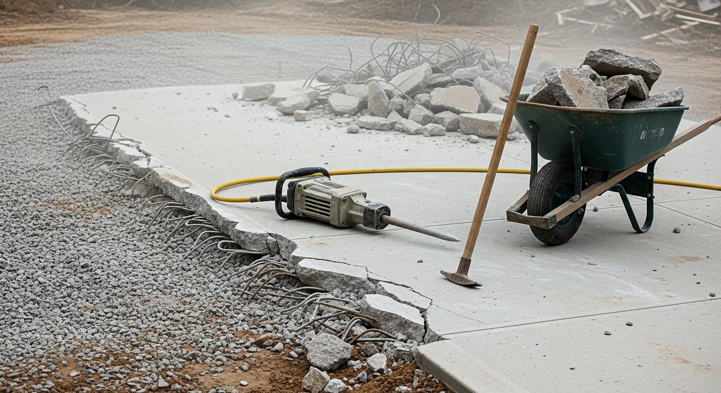 A concrete contractor breaking up a heavily cracked residential driveway slab in Portage, Michigan using demolition equipment. Broken concrete pieces are staged for removal with a cleared base visible beneath.