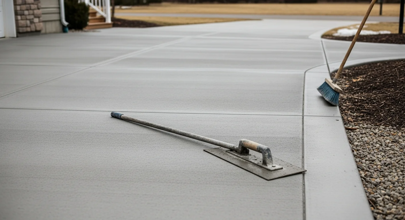 A freshly finished concrete driveway at a residential property in Portage, Michigan, showing a smooth, even surface with clean edges. The slab connects the street to a two-car garage, with no visible cracking or surface texture inconsistencies.