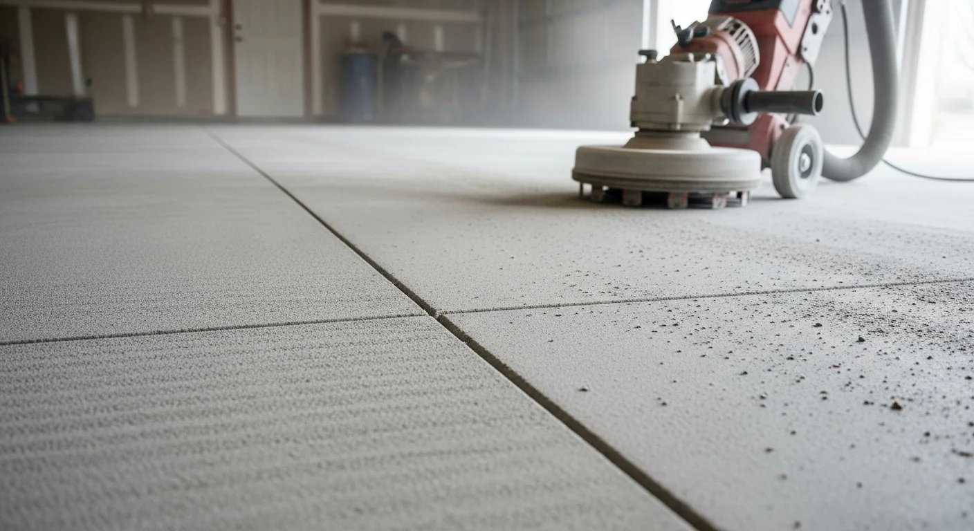 A concrete contractor operating a diamond floor grinder on a garage slab in Portage, Michigan. The machine removes the top surface layer, leaving clean, profiled concrete ready for coating.