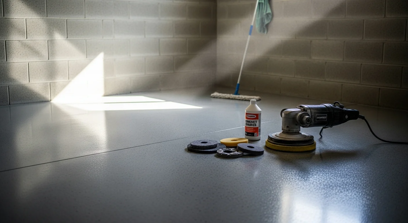 A freshly polished concrete floor inside a Portage, Michigan garage, showing a smooth, light-reflective surface free of staining and surface dusting. The high-gloss finish reflects overhead lighting across the full width of the slab.