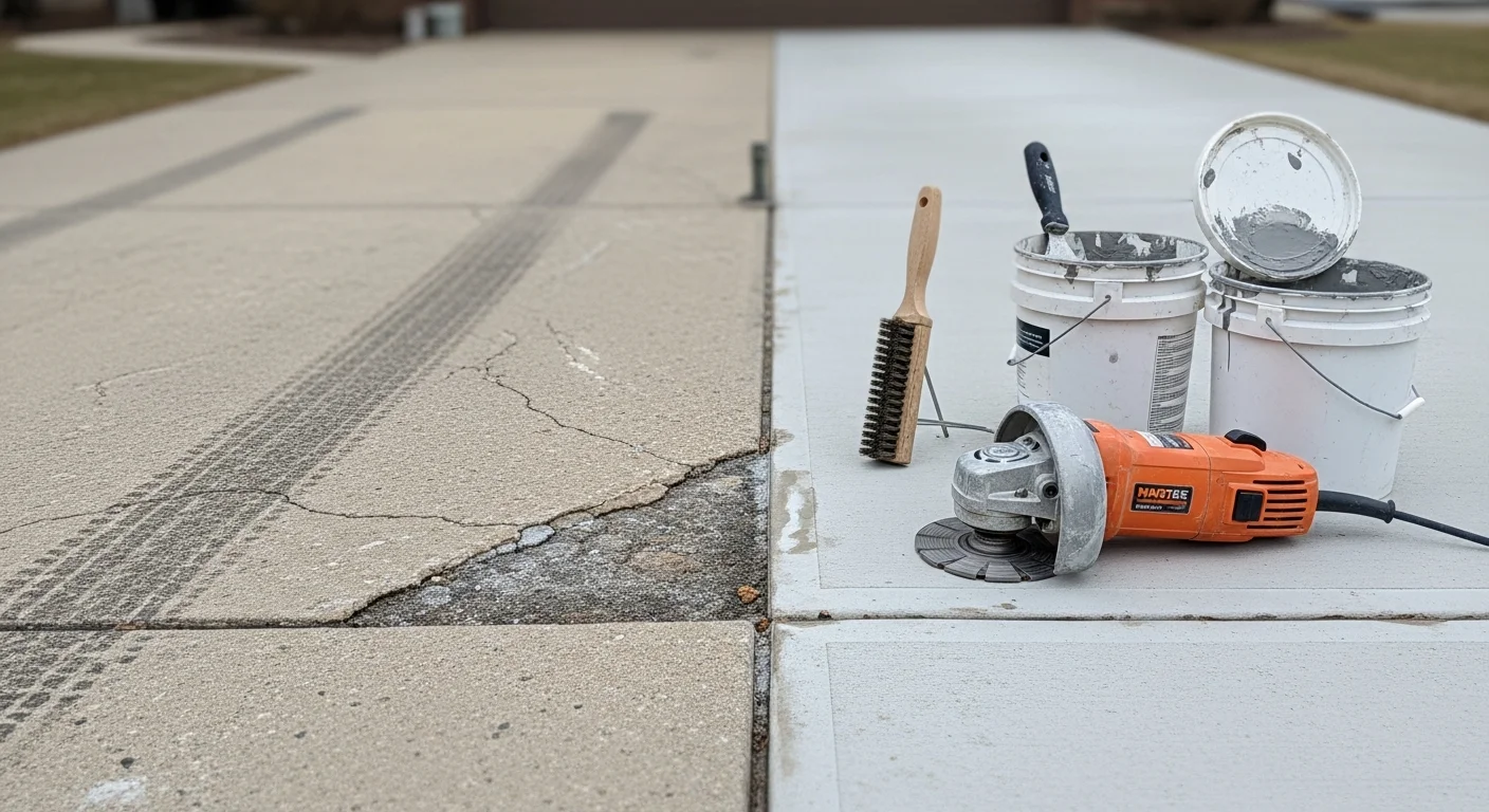 Close-up of a repaired concrete driveway surface in Portage, Michigan, showing filled cracks and a smooth, uniform finish. A residential garage is visible in the background.