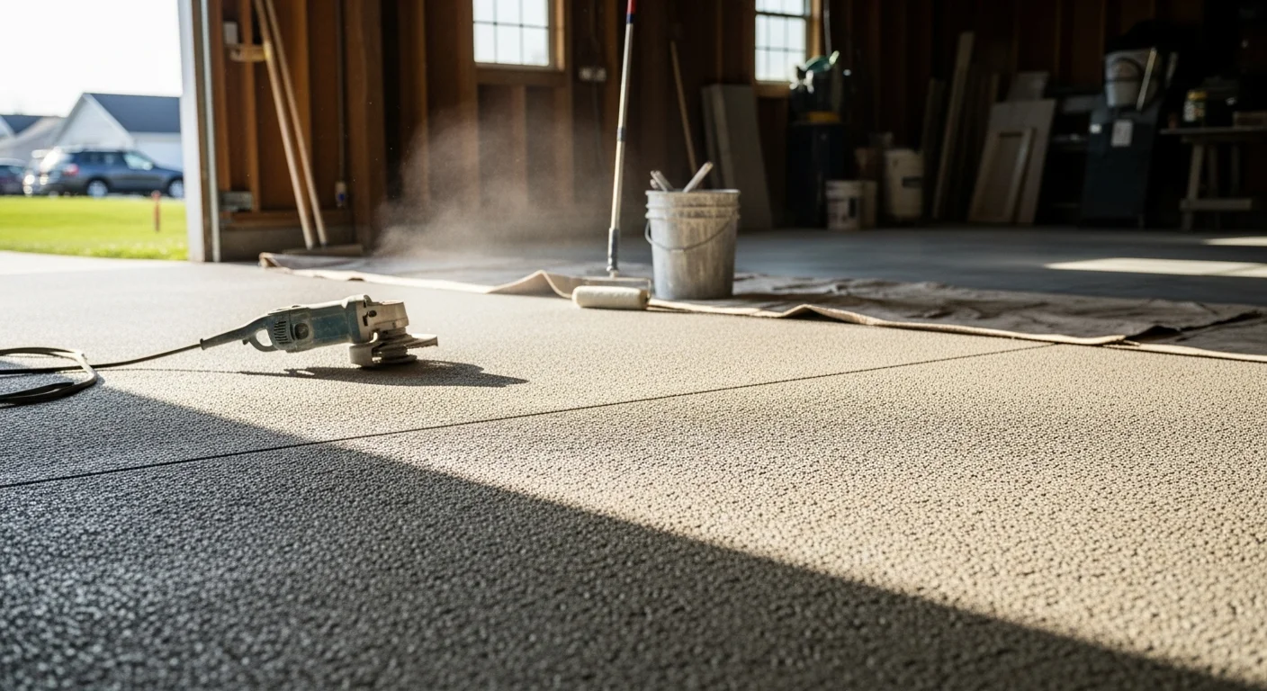 Freshly installed epoxy floor coating in a residential garage in Portage, Michigan, showing a smooth, glossy surface with a decorative flake finish. The floor reflects overhead lighting and shows clean, defined edges along the garage walls.