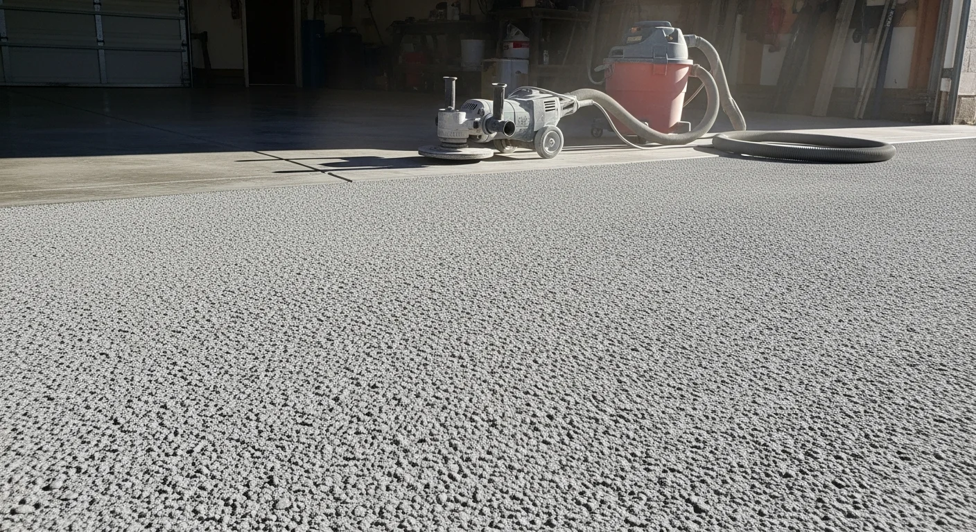 A freshly coated epoxy garage floor inside a Portage, Michigan single-family home, showing a smooth, glossy surface with a decorative color-flake finish and a parked vehicle in the background. The floor is free of cracks and stains, with clean edges along the walls and garage door threshold.