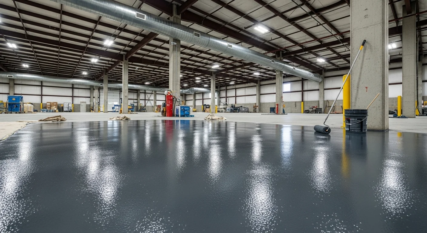 A coated concrete floor inside a Portage, Michigan industrial facility showing a smooth, seamless surface under overhead warehouse lighting. The floor reflects light evenly with no visible cracks, dusting, or surface damage.