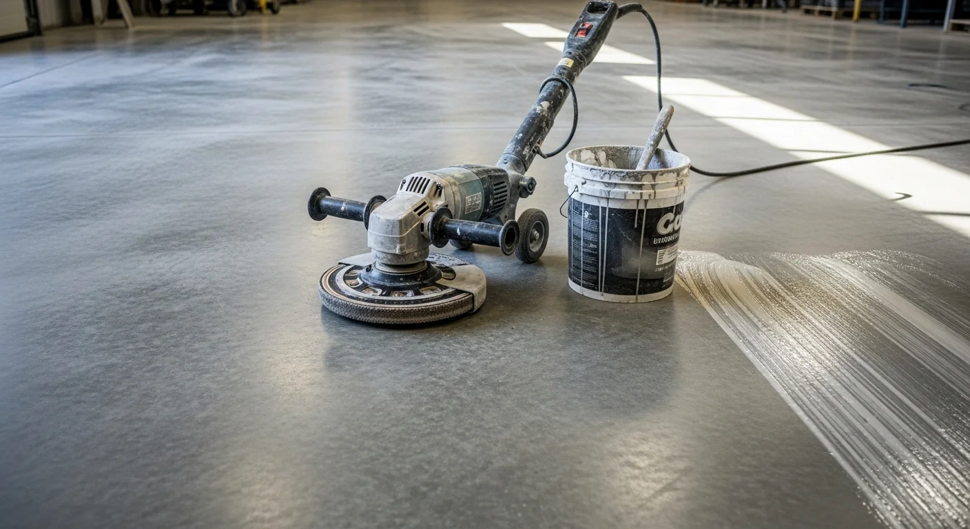A freshly coated concrete garage floor in a Portage, Michigan home showing a smooth, seamless liquid applied finish in a neutral gray tone. The coating covers the full slab with no visible joints or surface pitting.