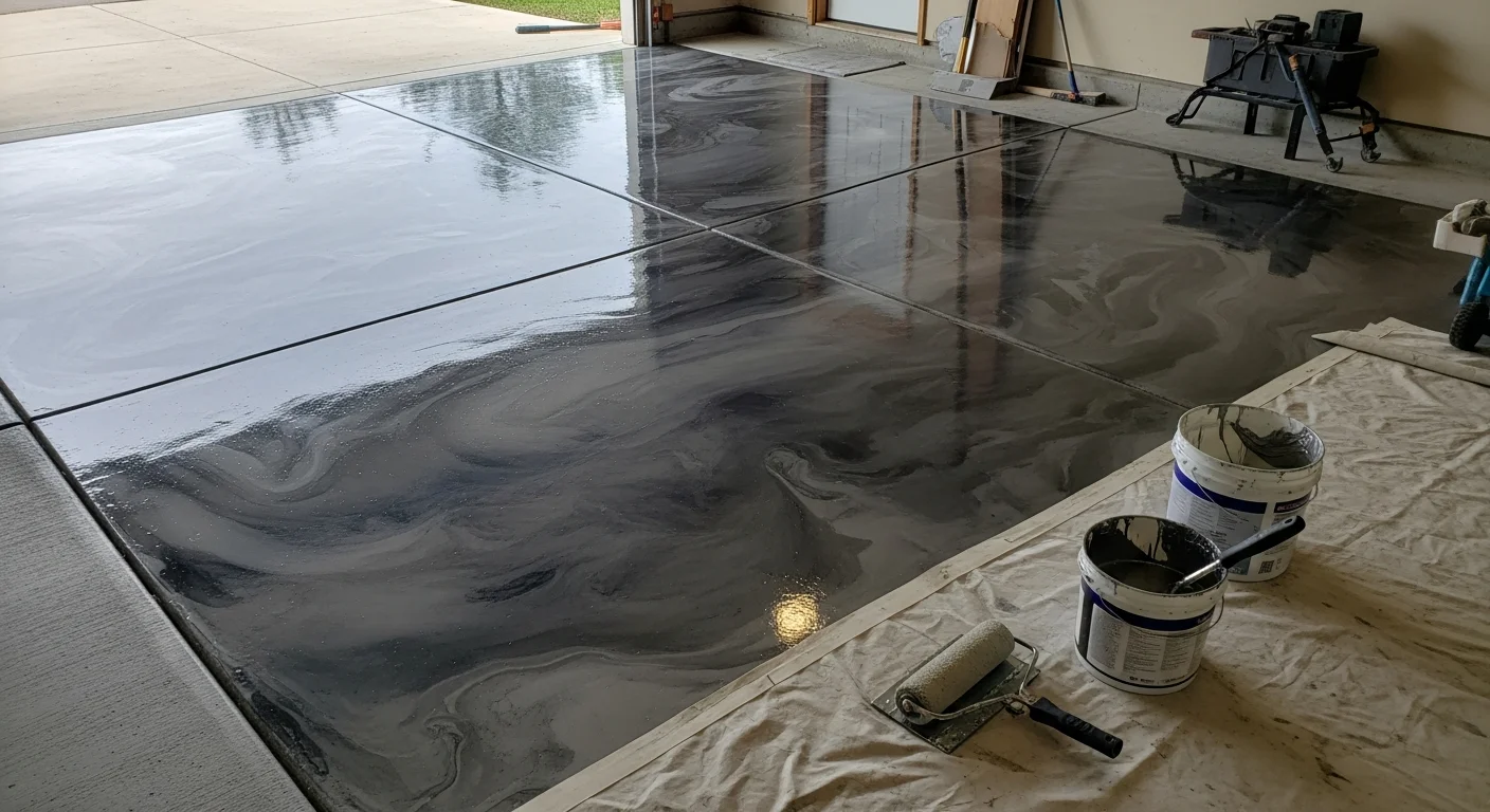 Finished metallic resin floor in a Portage, Michigan garage showing a high-gloss, swirling silver and charcoal pattern on a sealed concrete slab. The seamless surface reflects overhead lighting with no visible joints or cracks.