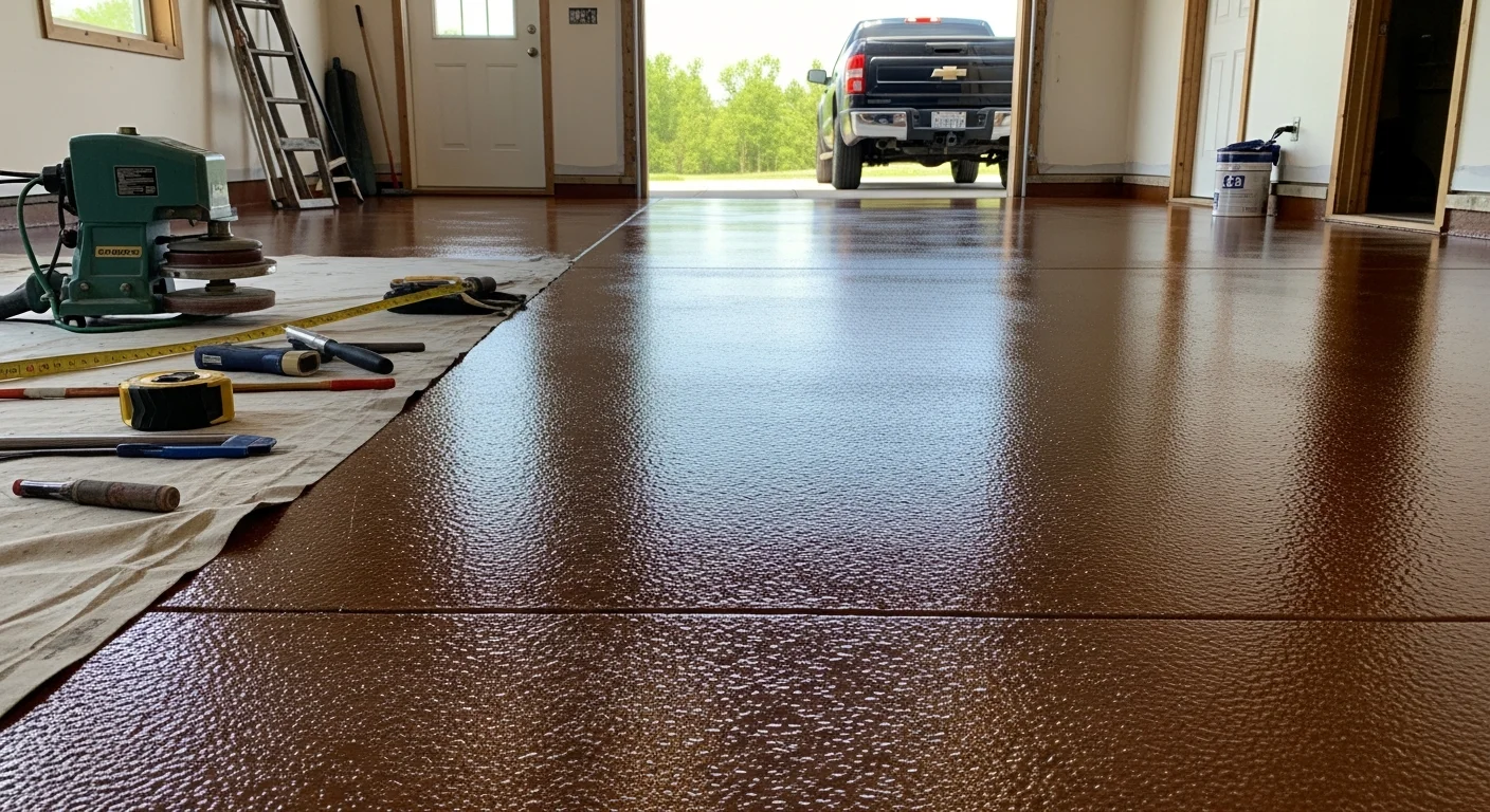 A freshly coated polyaspartic garage floor in a Portage, Michigan home, showing a smooth, high-gloss surface free of cracks and stains. The seamless finish reflects overhead lighting and covers the full slab from wall to wall.