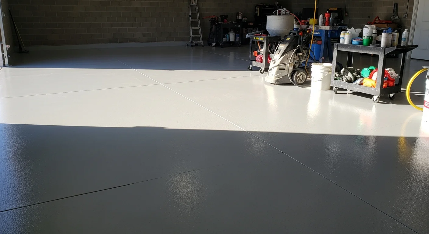 A freshly coated polyurea garage floor in a Portage, Michigan home, showing a smooth, high-gloss surface with decorative flake finish under overhead lighting. A vehicle is parked on the sealed concrete, highlighting the coating's clean finish and even coverage.