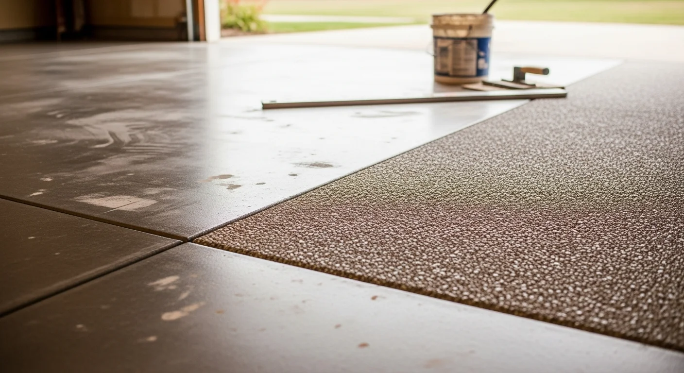 A freshly installed resin stone floor coating covering a residential garage slab in Portage, Michigan, showing a seamless, textured aggregate surface in a neutral stone tone. The floor extends to the garage door threshold with clean, even coverage and no visible seams or cracks.